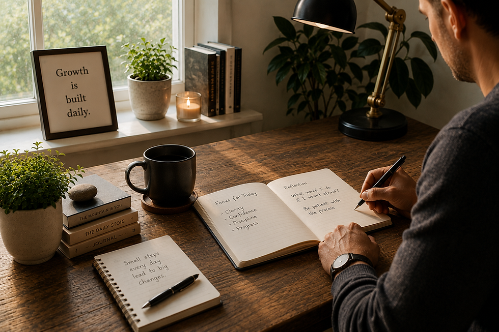 Individual writing in a journal at a desk, representing self=reflection, clarity, and intentional change.