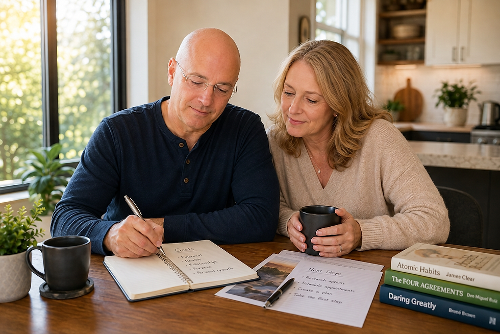 Two people sitting and working on rebuilding her life after a divorce.