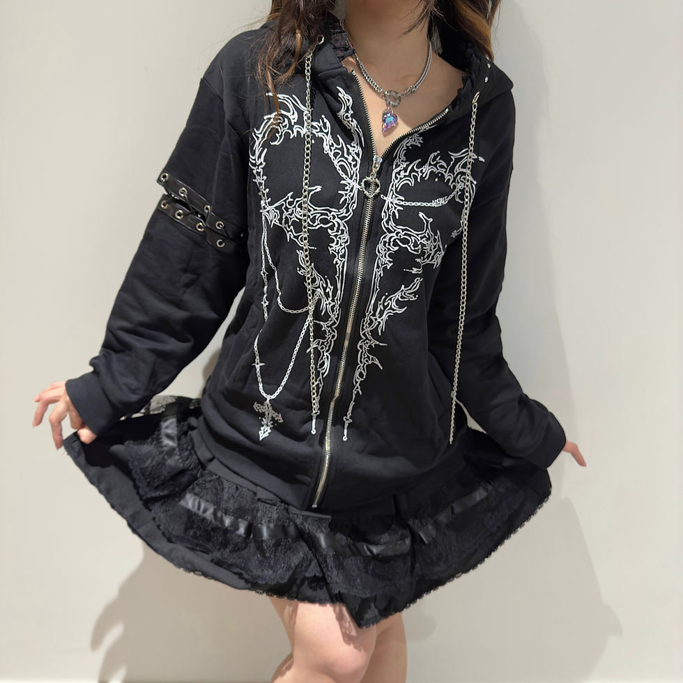 Thumbnail: Kitty Ears Chains Zip Up Hoodie in Black