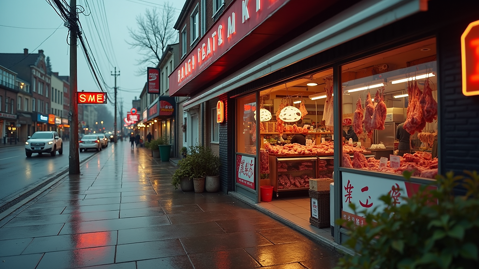 High angle view of the exterior of a local fresh meat market