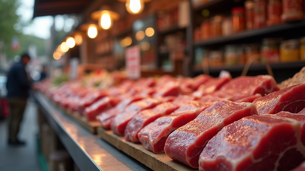 Eye-level view of fresh meat cuts displayed at a local market