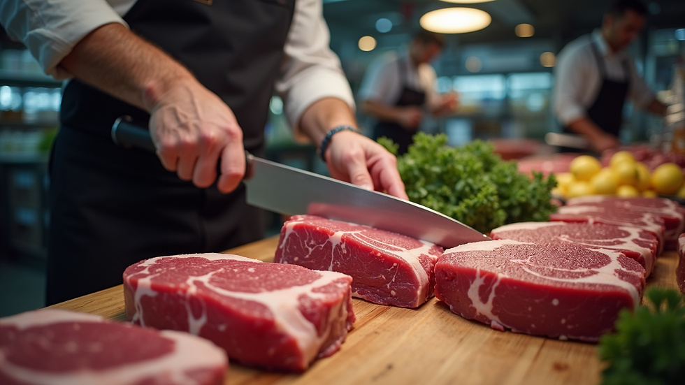 Close-up of a butcher slicing fresh beef at a local market