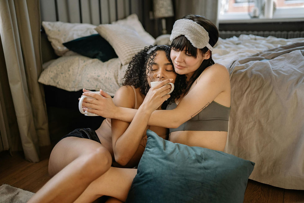 A couple enjoying intimate connection without pressure. A reminder from an Orange County therapist that pleasure matters more than performance.