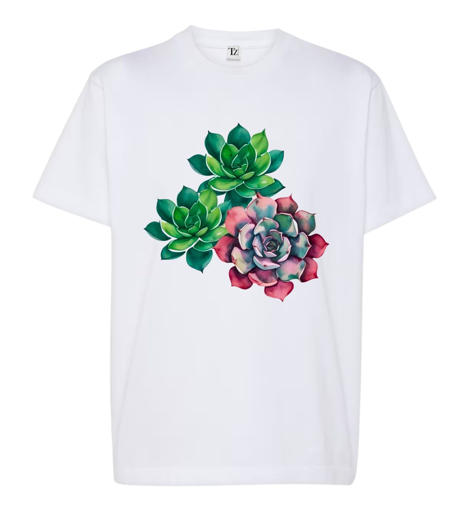 White Printed T-Shirt - Succulents