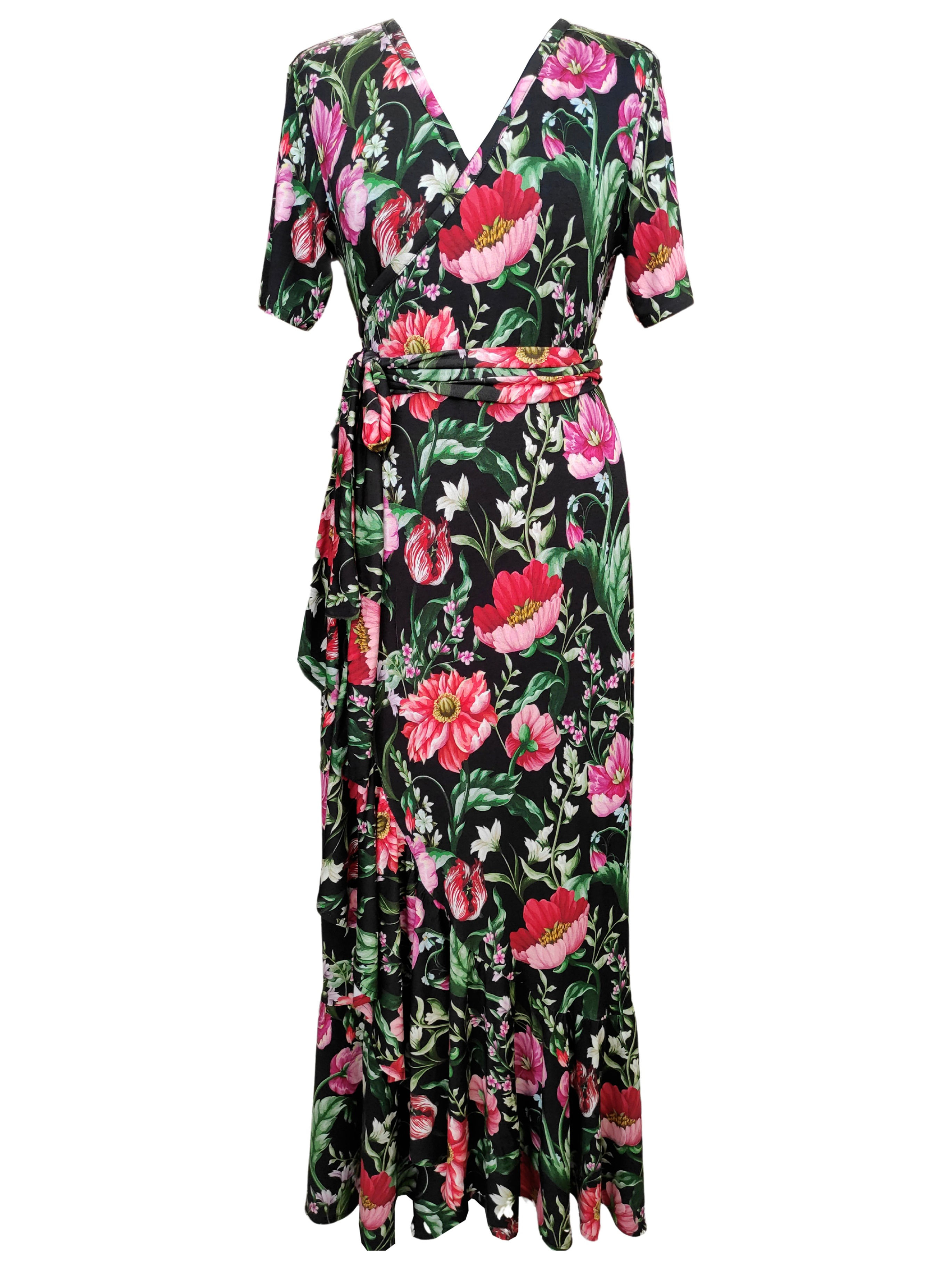 Black and Red Floral Wrap Dress