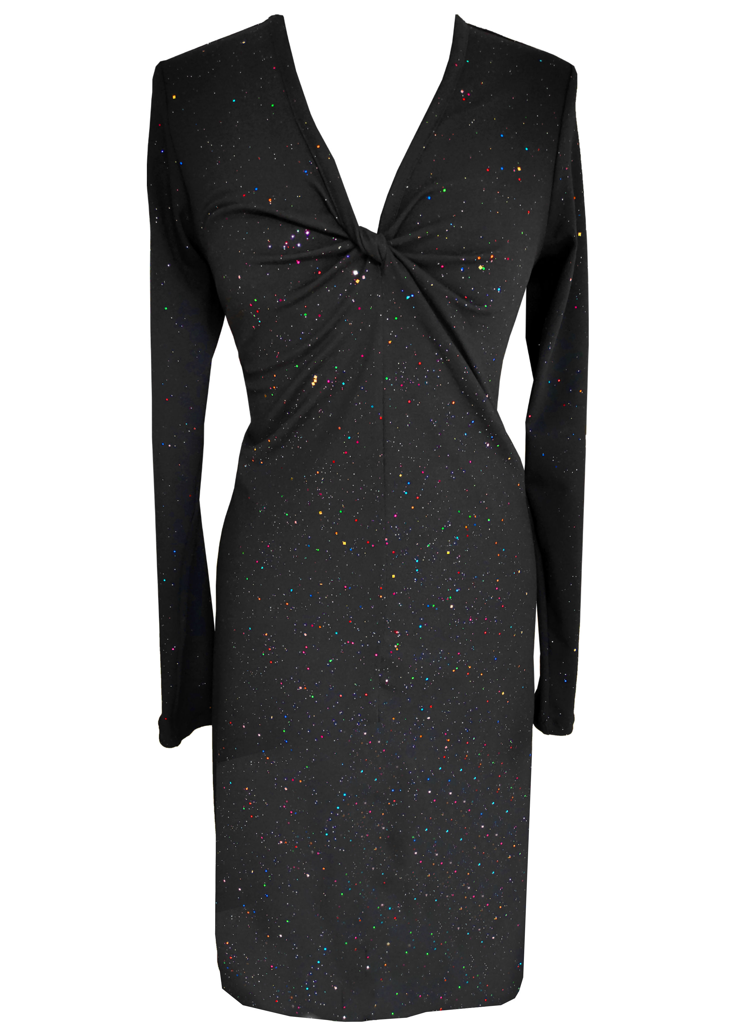 שמלת טוויסט ג'רזי שחורה עם נצנוצים צבעוניים