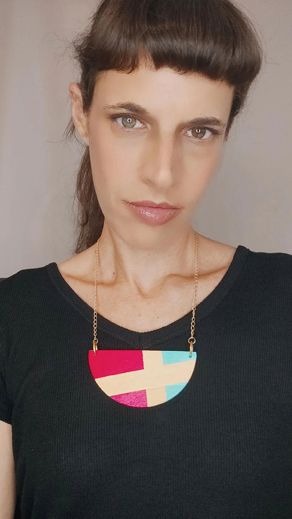 Thumbnail: Pink & Light Blue Half Circle Wooden Necklace