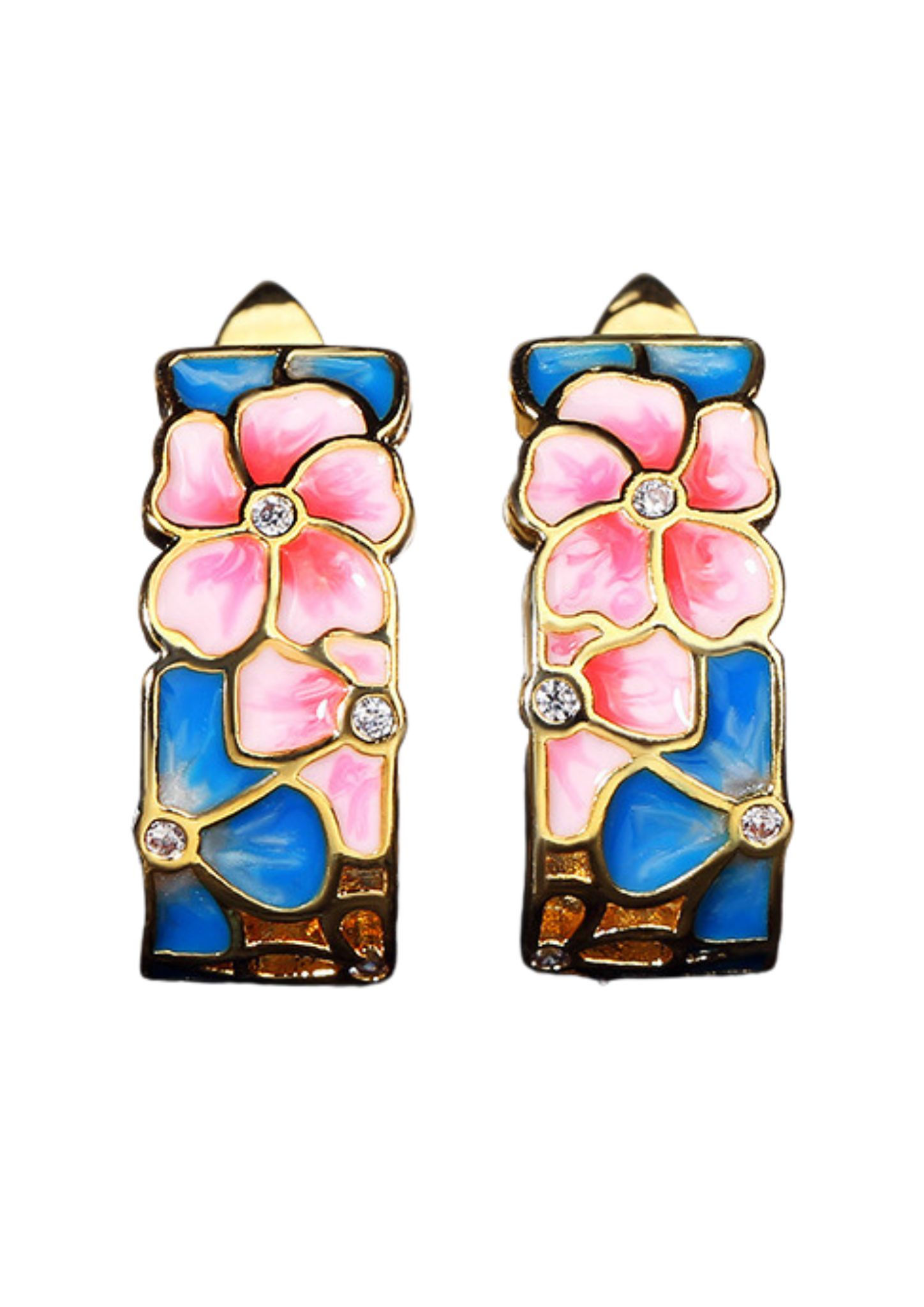 Gold-plated 925 Sterling Silver Earrings and Floral Enamel - narrow model