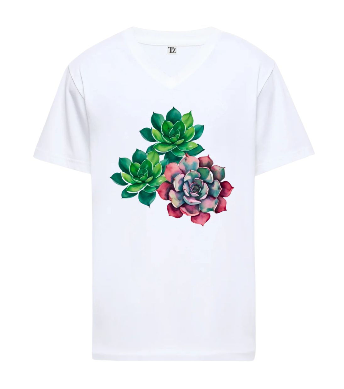 White V-Neck T-Shirt - Succulents