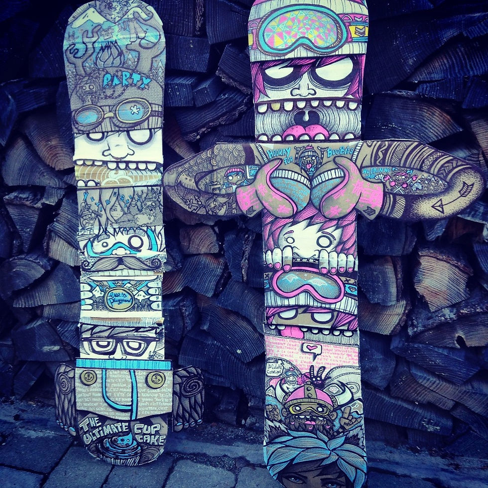 Artwork on recycled snowboards