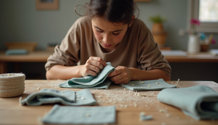 Eye-level view of a young person crafting a recycled bag from old fabric
