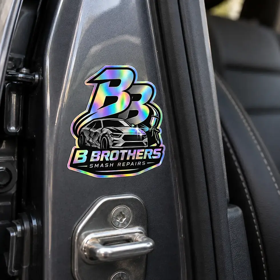 Custom hologram sticker applied inside a vehicle for smash repair branding