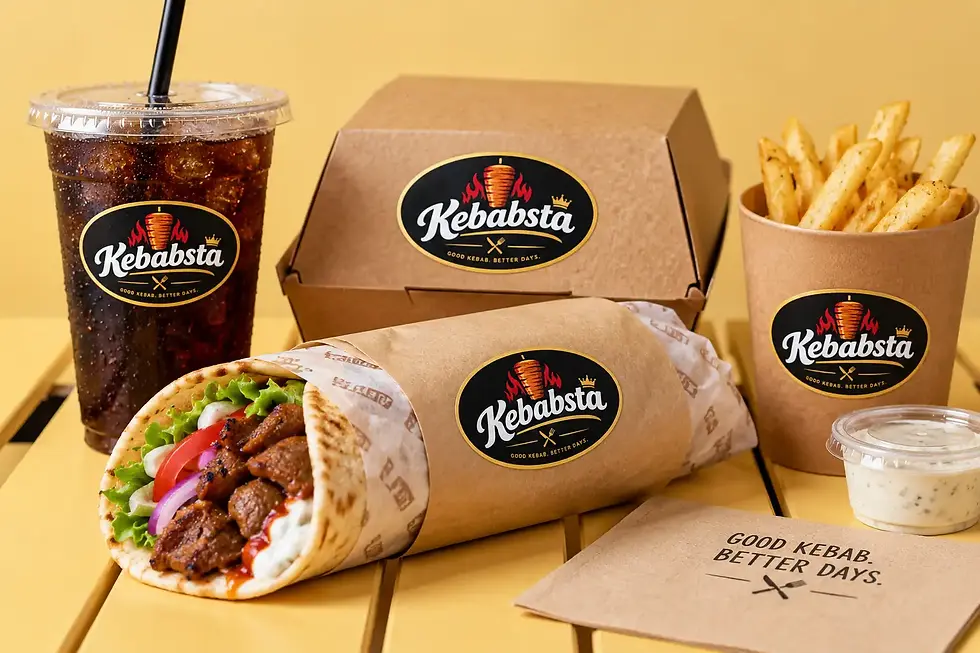 Kebabsta oval sticker applied to kraft kebab takeaway packaging