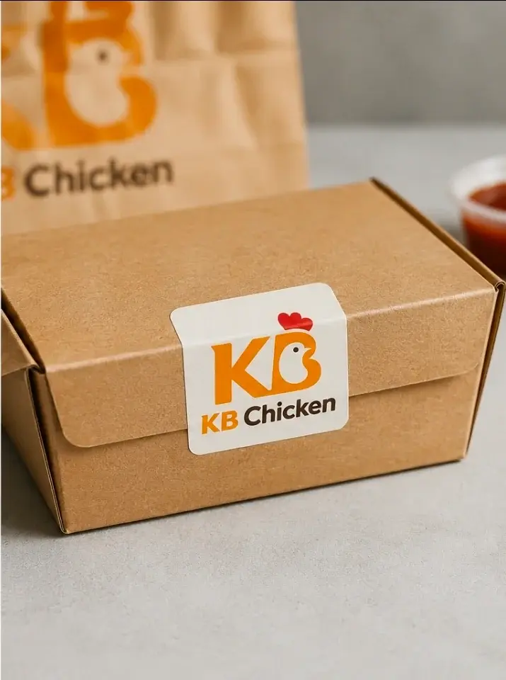 KB Chicken square matte sticker applied to a kraft takeaway chicken box
