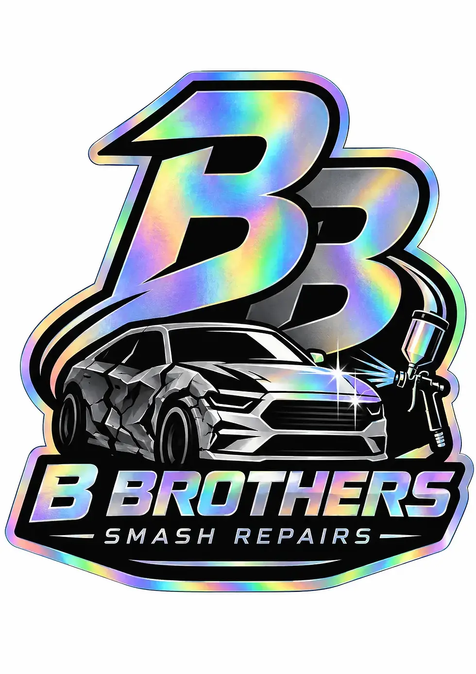 B Brothers 60 x 85mm custom shape hologram sticker for a smash repair shop