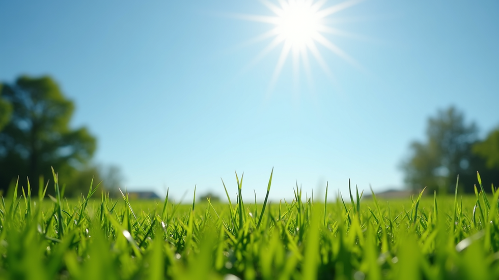 Eye-level view of a freshly mowed green lawn with a clear blue sky