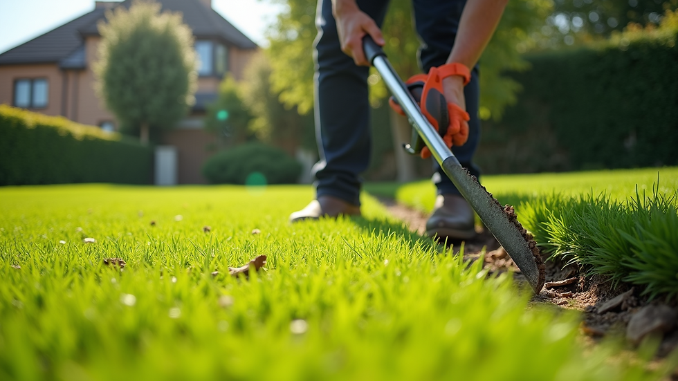 High angle view of a professional landscaper trimming a lawn edge