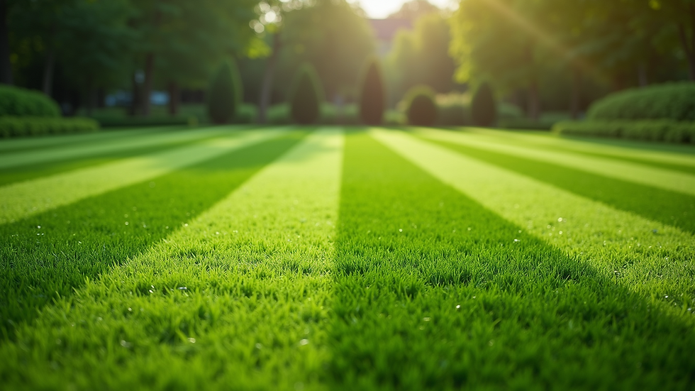 Eye-level view of a freshly mowed green lawn with clear stripes