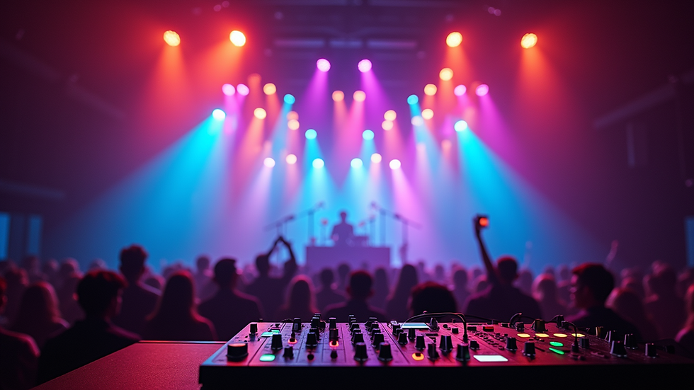 Eye-level view of a vibrant stage setup with colourful lights and electronic music equipment