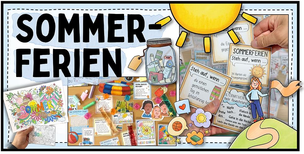 Banner Sommerferien Grundschule mit Bewegungsspiel, Ausmalbild und Erinnerungsglas