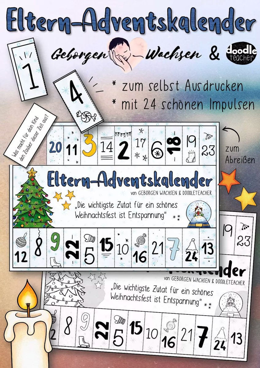 Cover Eltern-Adventskalender zum selbst Ausdrucken: 24 Impulse für Familien, Freebie von Geborgen Wachsen und Doodleteacher