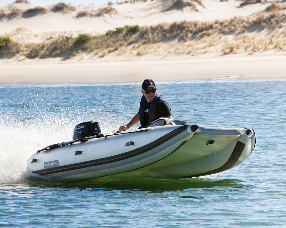 A inflatable catamaran cruising near the beach