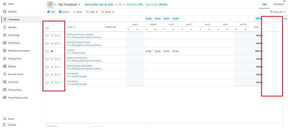 OnePlan Timesheet after the script runs, with the Comments buttons and Progress column hidden