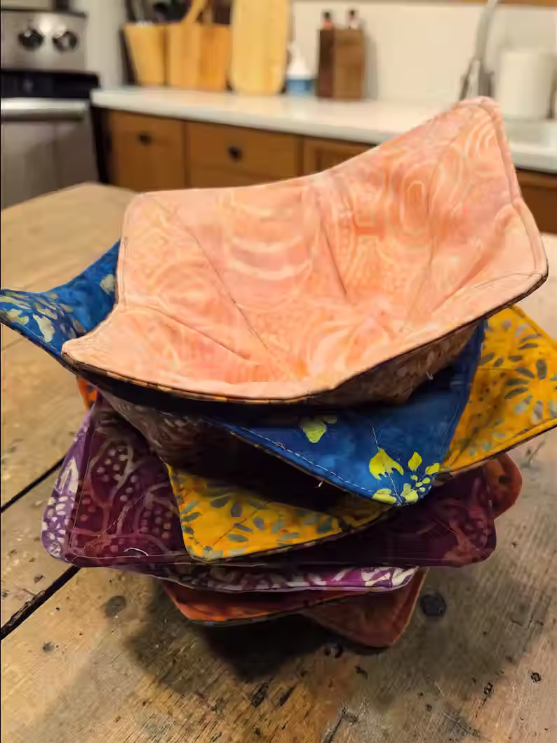 Quilted Batik Bowl Cozy, Microwave Safe, Reversible Fabric Wrap