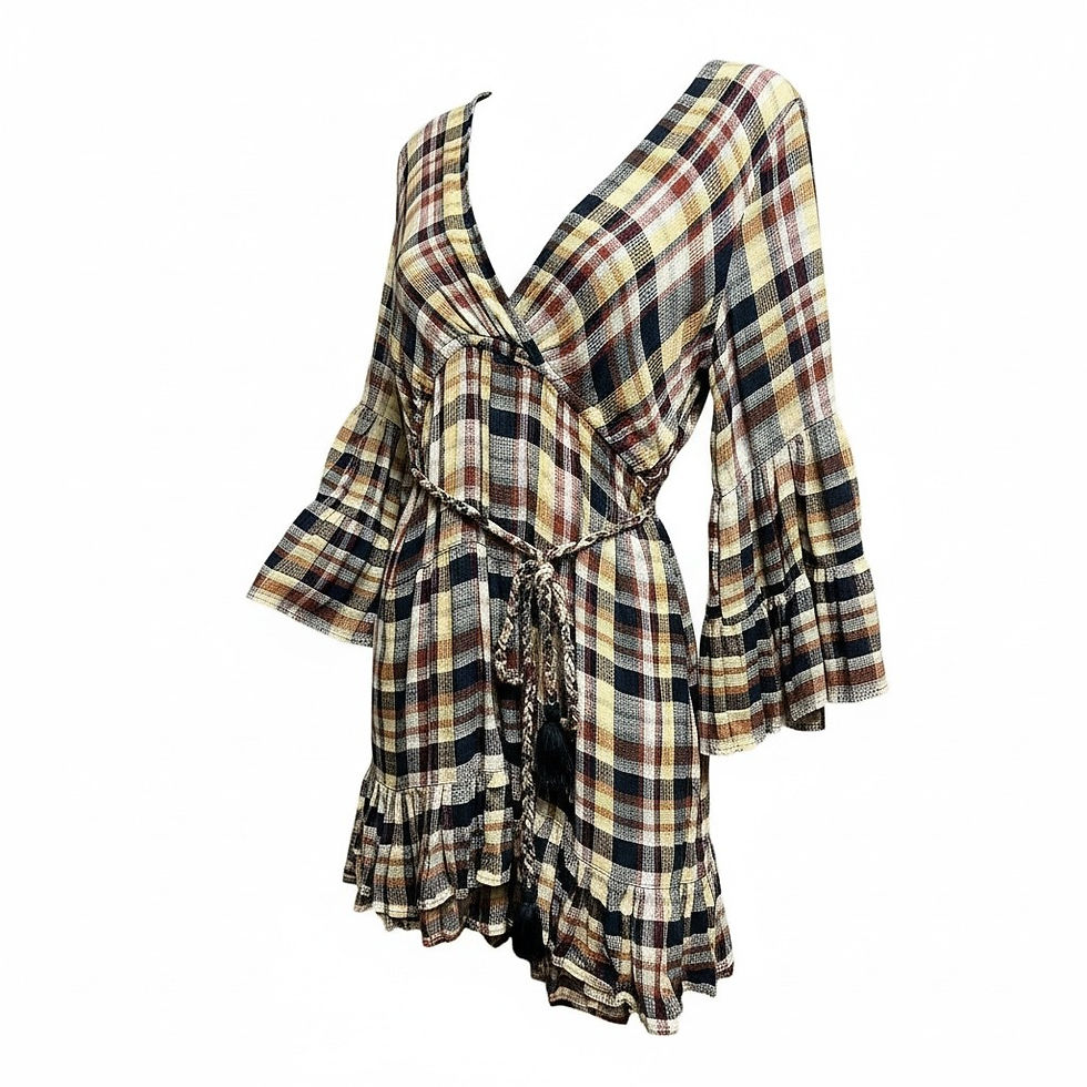 Thumbnail: Bell Sleeve  Plaid Wrap Mini Dress