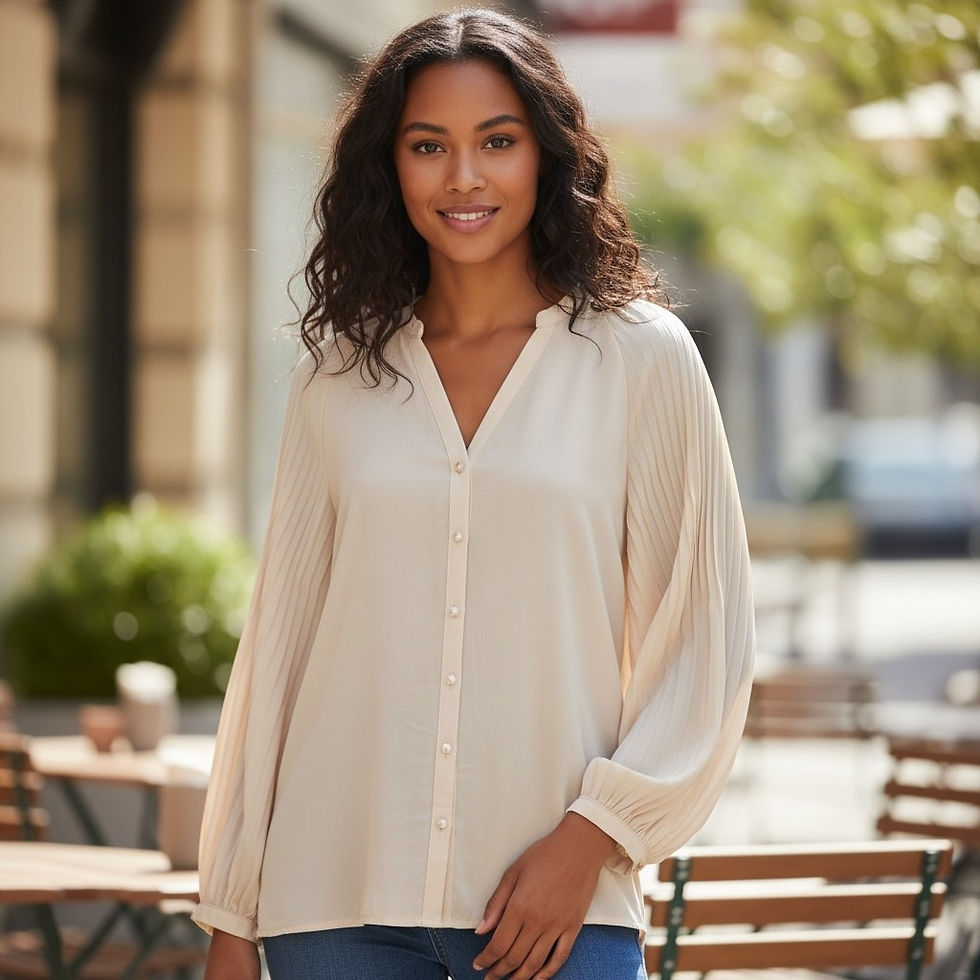 Thumbnail: Mandarin Collar Pleated Sleeve Button-Up Blouse
