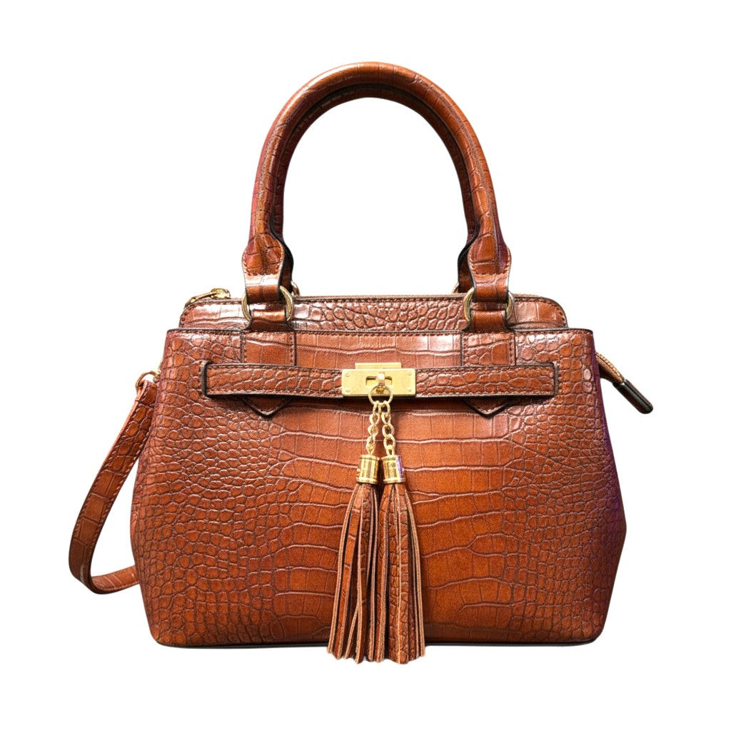 Brown Crocodile-Patterned Handbag with Tassles