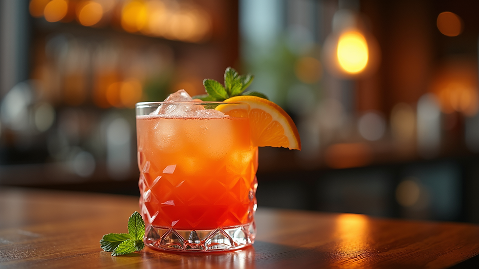 Close-up view of a beautifully crafted cocktail with vibrant colors
