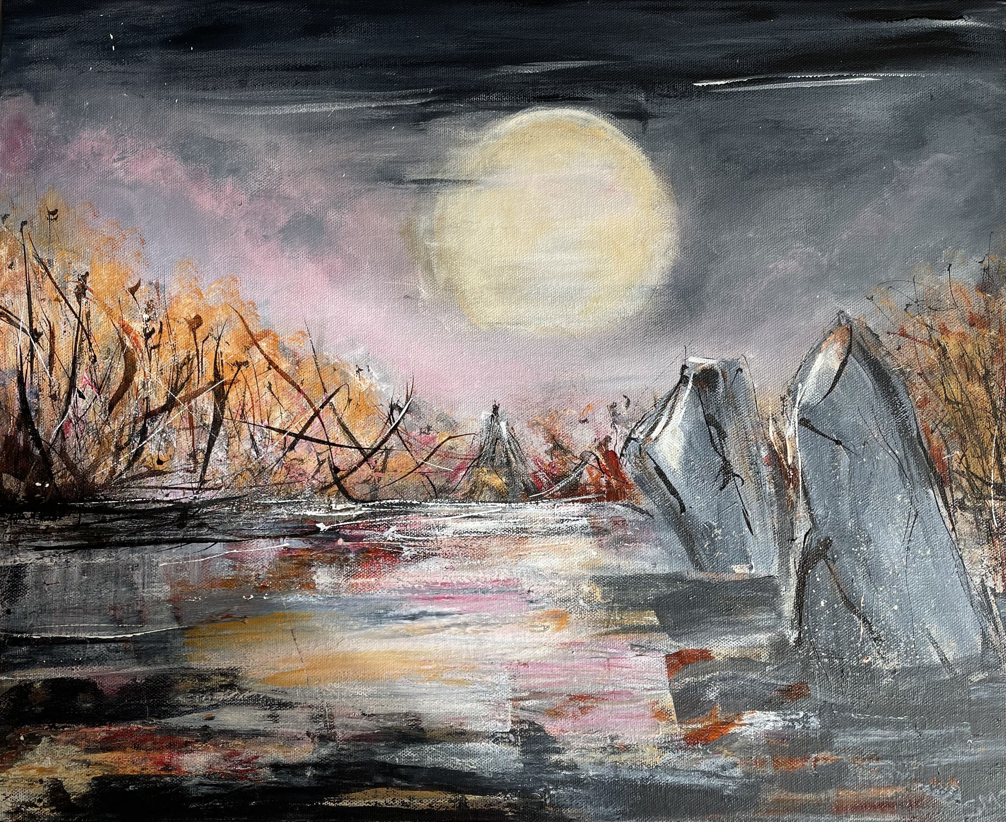 impressionistic painting of a moonlit henge by sue o'sullivan