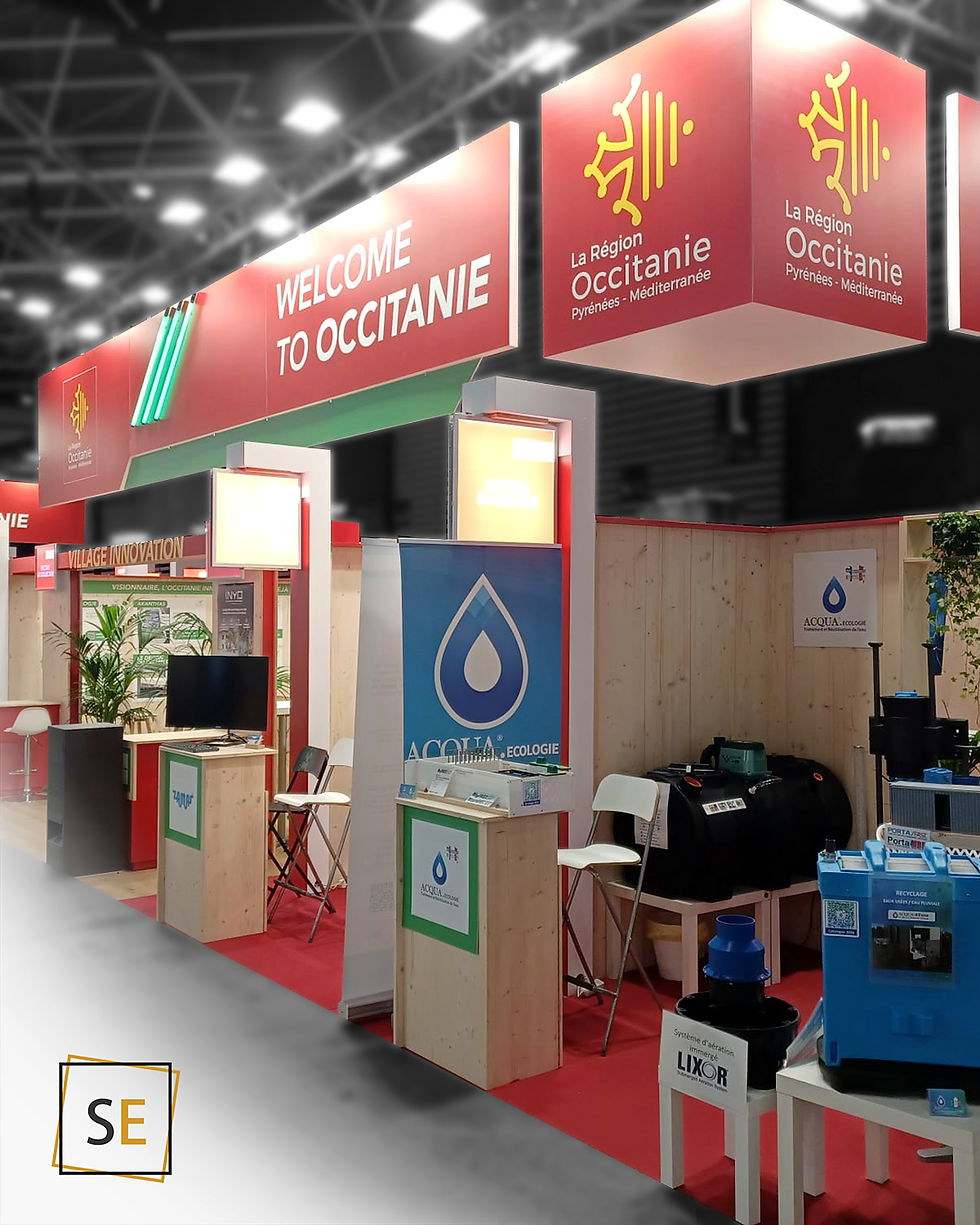 Stand traditionnel partagé avec enseigne haute et néon, postes de travail - Pollutec - Lyon - Ad'Occ