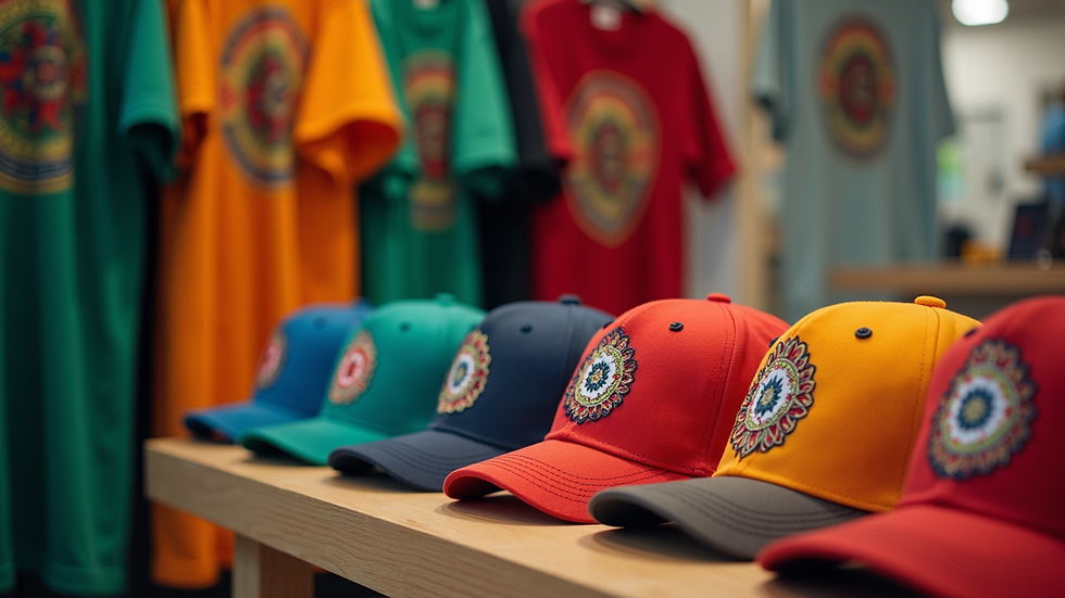 Eye-level view of a colorful display of Taíno-inspired caps and t-shirts