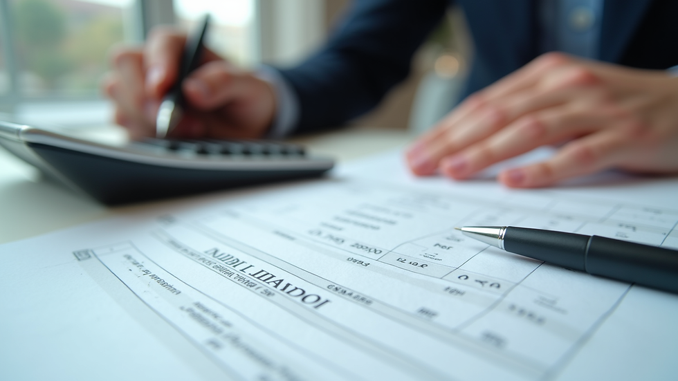 Eye-level view of a financial document with a calculator and pen