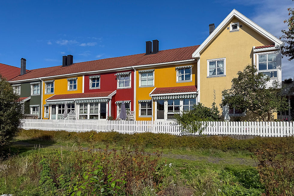 Trehus i rekke malt i ulike farger i Vålerenga i Oslo