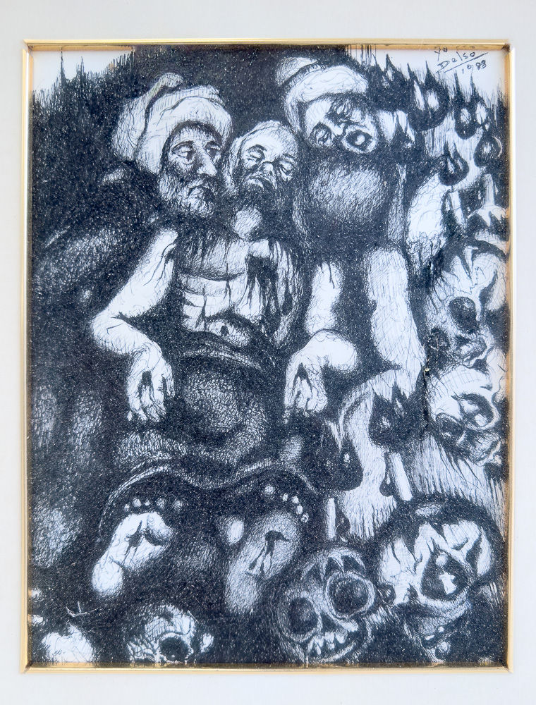 Sorthvit tegning av mennesker og hodeskaller av den Spanske kunstneren Pedro delso i Alfaz del Pi