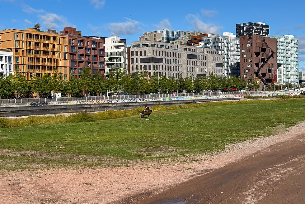 Husrad på andre siden av vannspeilet i Middelalderparken i Oslo