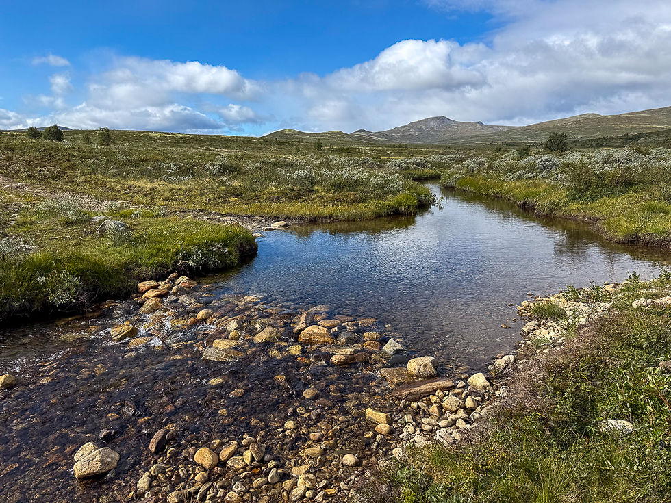 Elv på høyfjell med slake fjell omkring