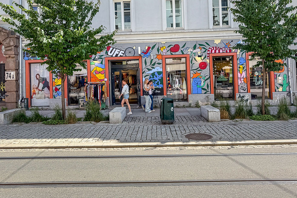 Fasade til butikk dekket med gatekunst i Oslo