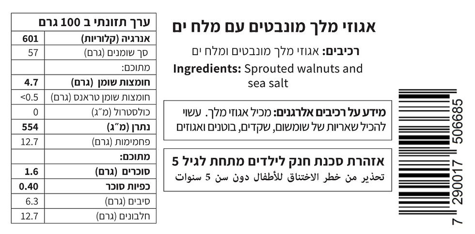 Thumbnail: תווית מזון: אגוזי מלך מונבטים, ערכים תזונתיים ואלרגנים