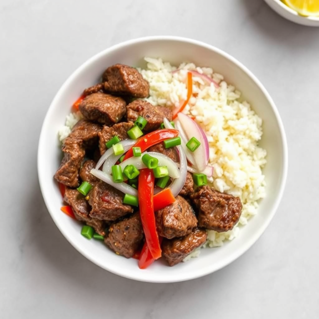 Marinated flat iron steak bowl w/ peppers onion and rice