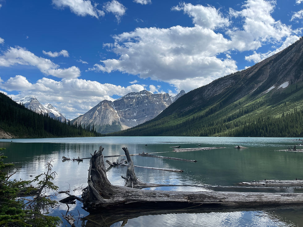 Sherbrooke Lake in Yoho National Park. Far side view of the lake looking back over mountains in background