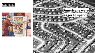 After the war ended, jobs became plentiful, wages were higher, and Americans became eager to spend. People moved to the suburbs, started families, and tried to live the American Dream.