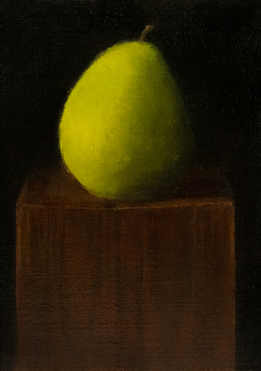 8"x 8" still life oil on gessobord of a green Anjou pear. 