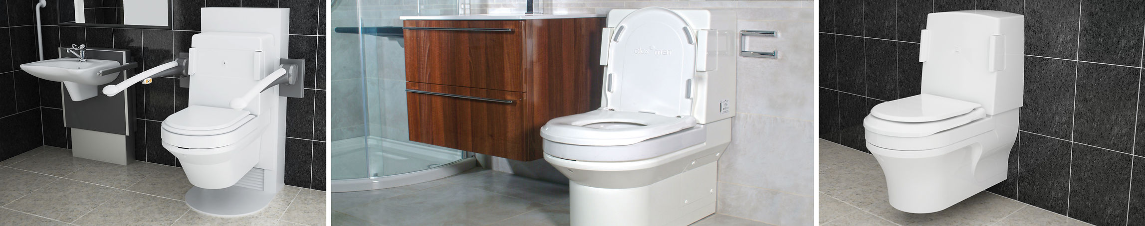 Series of images featuring the Clos-o-Mat Palma Vita Automatic WC in different bathrooms