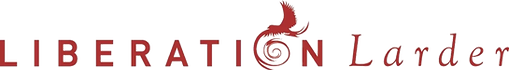 Liberation Larder Logo - red text with a phoenix forming the 'O' of Liberation