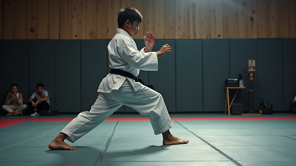 Eye-level view of a martial artist demonstrating guard position on a mat
