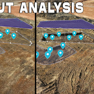 Drone based cut analysis comparing site surfaces to calculate approximately 72 cubic yards of material removed.